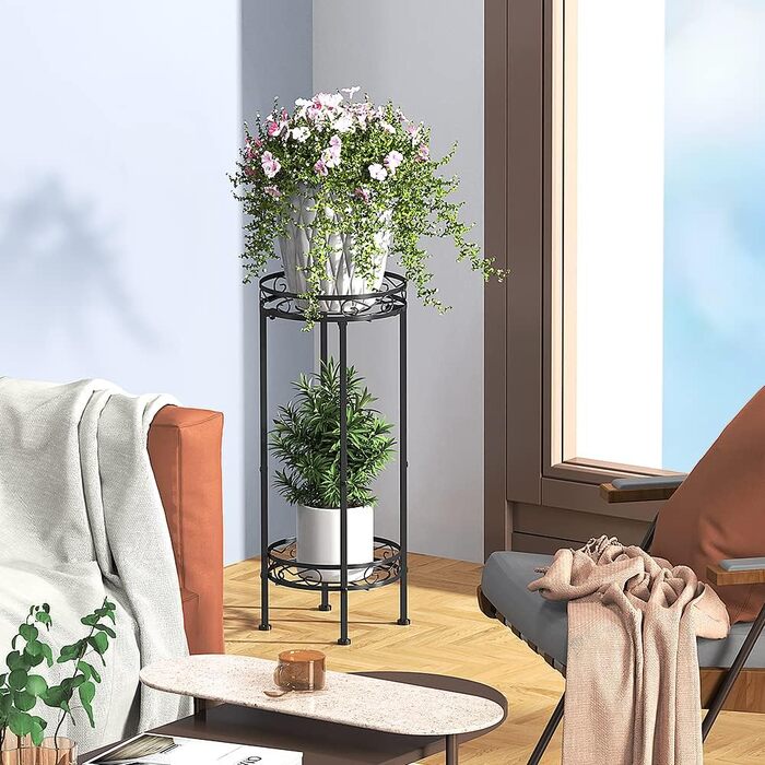 Металева підставка для рослин Bomblap, підставка для квітів 70 x 30 см, підставка для кімнатних рослин, висока 2-ярусна підставка для квіткових горщиків, тримач для квіткових горщиків для використання в приміщенні та на вулиці, чорний колір