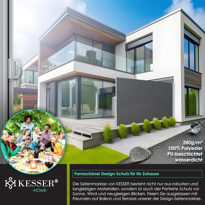 Алюмінієва бічна маркіза KESSER, розсувна та непрозора, 300 x 180 см Захист від вітру та приватності в саду з автоматичним механізмом згортання для балкона та патіо Бічна штора, включаючи дощовик з настінним кріпленням, темно-сіра, 300 x 180 см