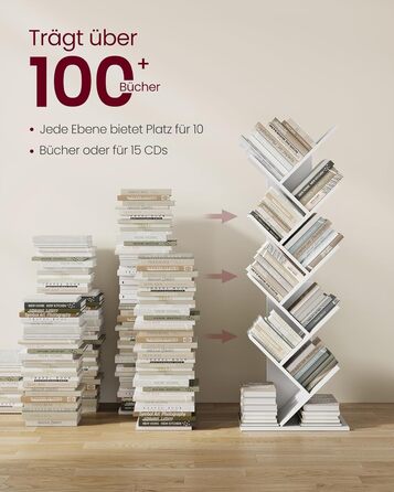 Книжкова полиця VASAGLE у формі дерева, 9-ярусна окремостояча полиця, компактна кутова полиця, полиця для зберігання речей у спальні, вітальні, домашньому офісі, хмарно-білий колір LBC11WTV1 9 ярусів (25 Г x 50 Ш x 141,5 В см) хмарно-білий колір