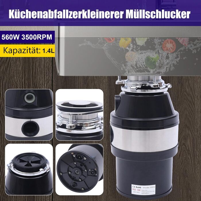 Сміттєпровід LANNADD 1.4 л 560 Вт, система утилізації харчових відходів 0.75 к.с. 3500 об/хв, подрібнювач кухонних відходів Подрібнювач кухонних відходів Подрібнювач відходів для утилізації харчових відходів