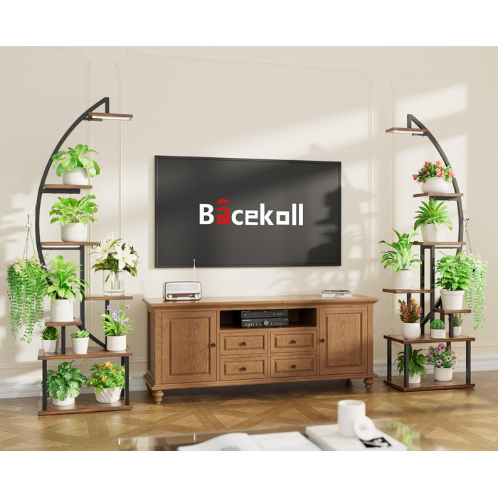 Підставка для рослин з лампою для вирощування - 7-ярусна підставка для квітів 165 см, металева дерев&39яна полиця для рослин - Квіткові драбини для приміщень та вулиці - Декоративна чорна квіткова полиця для внутрішнього саду, балкону, 2 шт.