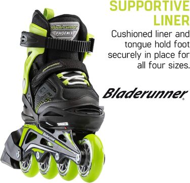 Регульовані роликові ковзани для фітнесу Bladerunner від Rollerblade Phoenix для хлопчиків, чорно-зелені, розмір 35-39