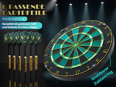 Професійна сизалева мішень для дротиків, бірюзового кольору із золотим кільцем з номером та стрілками - Професійна сталева мішень для дротиків - Мішень для дротиків з 6 металевими наконечниками, золотими стволами для дротиків та держаками