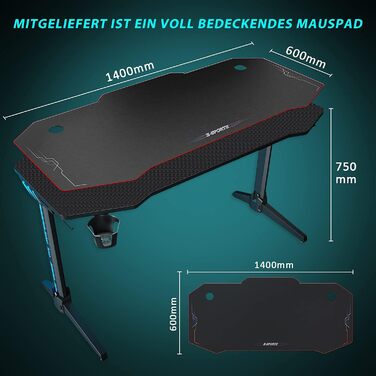 Ігровий стіл SONNI зі світлодіодним освітленням, площа поверхні 140 см/стіл для ПК/ігровий стіл, підтримує 2-3 монітори з килимком для миші, тримачем для напоїв та гачком для навушників, 140 x 60 см