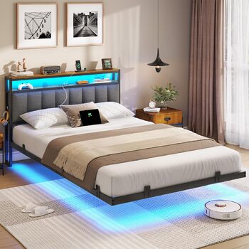 М&39яке ліжко 140x200 см із зарядною станцією та світлодіодним освітленням, каркас двоспального ліжка з місцем для зберігання, узголів&39ям та рейковою основою, плаваючий візуальний ефект, сучасний лляний каркас ліжка, матрац не входить до комплекту, темн
