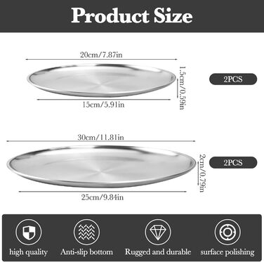 Набір з 4 сталевих тарілок, Ø20/30 см, круглий посуд з нержавіючої сталі, для барбекю, овальна страва, тарілка для мяса, тарілка для рису, сріблясті сталеві тарілки для кемпінгу, пікніка, кухні, BBQ, вечірок