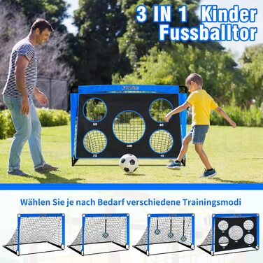 Футбольні ворота, стіна-мішень для дітей, вуличні футбольні ворота для дітей зі стіною-мішенню, висувні ворота 3-в-1 з 5 лунками для стрільби та сумкою для перенесення, кілки для землі, 3 мішені та 6 перешкод, сині