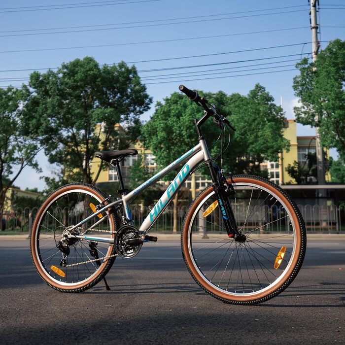 Гірський велосипед HILAND 26 дюймів для чоловіків та жінок, 21-швидкісний гірський велосипед, високоміцна сталева рама, гальма V-подібної форми, хардтейл для дорослих, сірий