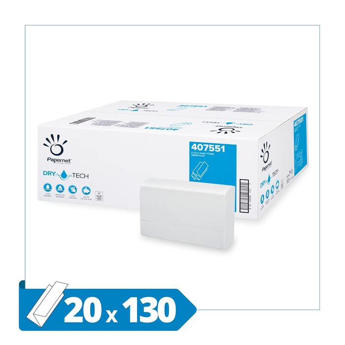Паперові рушники DRYTECH Z-подібного форми, целюлоза, хвилеподібне тиснення, 2-шарові, білі (упаковка 2600 шт.) 130 аркушів (упаковка з 20) Паперові рушники Dry Tech Z-подібного форми, 407551