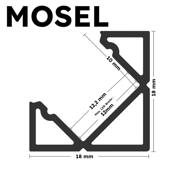 Алюміній - світлодіодний алюмінієвий кутовий профіль чорний - 200 см - з аксесуарами та опаловим покриттям - для світлодіодної стрічки 12 мм - 2 м - для приміщень та вулиці - MOSEL Alu кришка (опалова/молочна) 2м