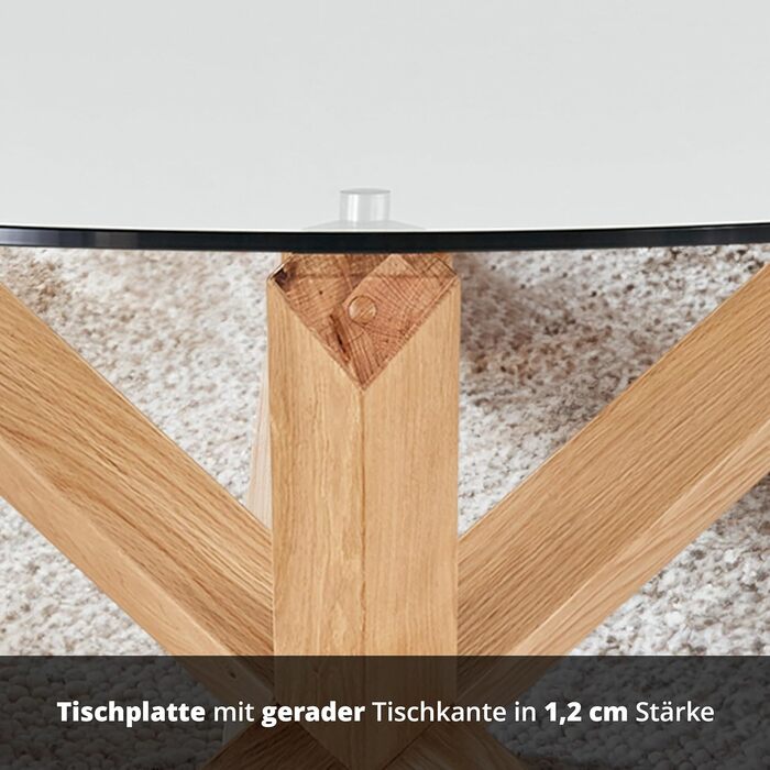 Круглий обідній стіл KHG, діаметр 130 см, скло - каркас з масиву дуба, скляна стільниця (вантажопідйомність до 90 кг) - кухонний стіл у скандинавському стилі, круглий, 130 см, скло