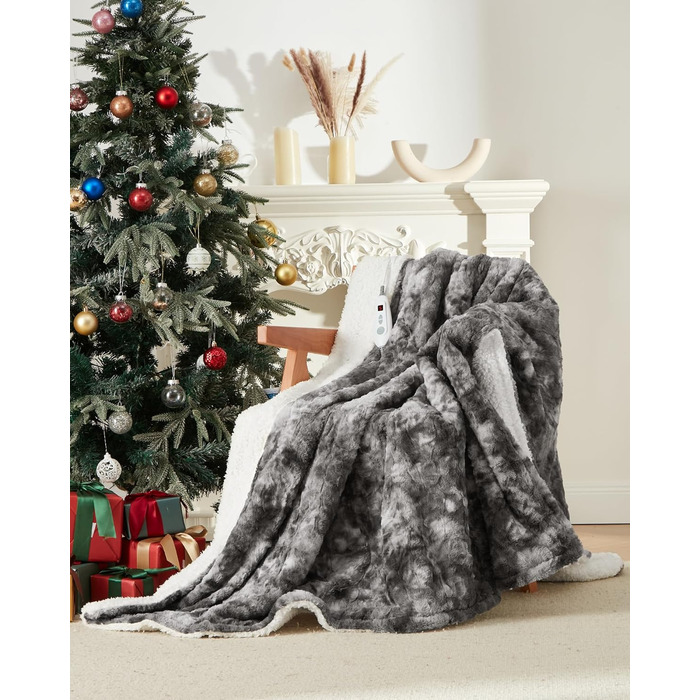 Електрична ковдра LinTimes з автоматичним вимкненням, 6 температурних режимів, 10 годин автоматичного вимкнення, електрична ковдра з PV оксамиту та шерпа-флісу, яку можна прати, 180 x 130 см, сірого кольору