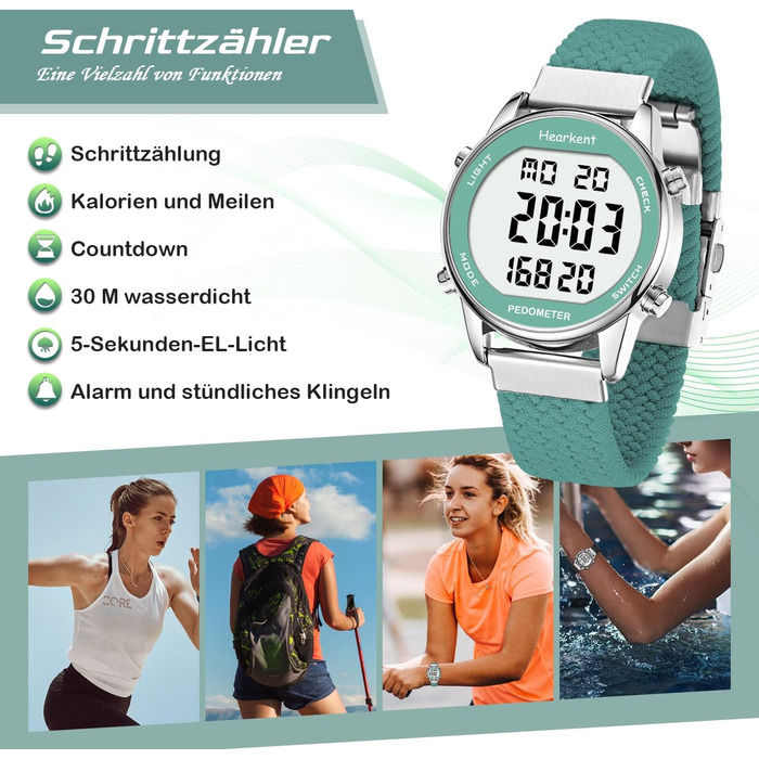 Крокомір для жінок, фітнес-трекер для ходьби, водонепроникний спортивний годинник, лічильник калорій, наручний годинник з великим цифровим дисплеєм, для пенсіонерів, жінок та людей похилого віку, зелений