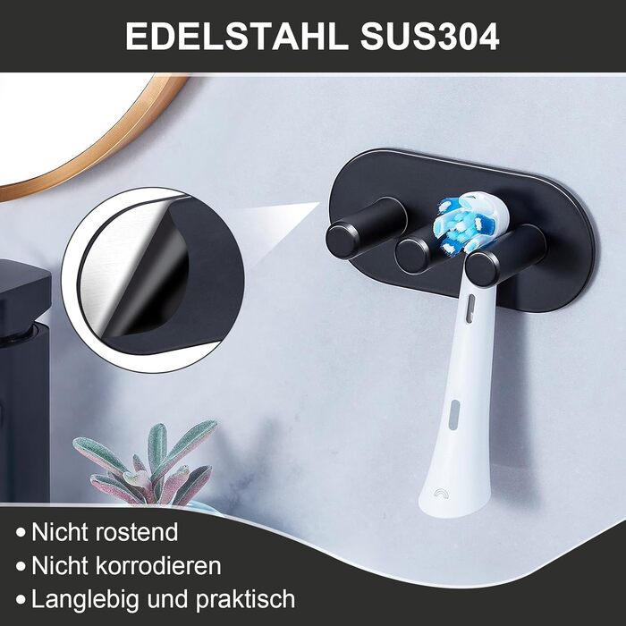 Тримач для зубної щітки Настінний без свердління Тримач для електричної зубної щітки, Тримач для головки щітки з нержавіючої сталі, Самоклеючий тримач для зубної щітки Тримач для головки для зубної щітки для зберігання у ванній кімнаті, чорний