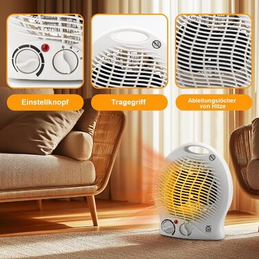 Портативний електричний обігрівач потужністю 2000 Вт з 3 режимами (холодне повітря/1000 Вт/2000 Вт) для приміщень площею до 15 м, захист від перекидання, захист від перегріву, тихий та енергозберігаючий з мідним двигуном для спалень та офісів