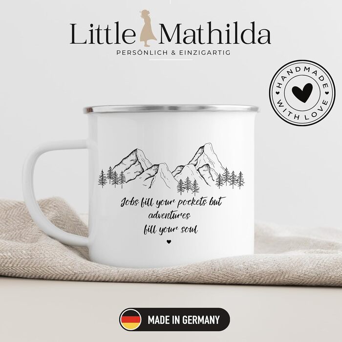 Емальована кружка &quotМаленька Матильда&quot з персоналізованою цитатою або приказкою, емальована кружка, подарунки для каравану для кемперів, емальована кружка, бляшана кружка для кемпінгу, аксесуари для каравану, прикраса для гір (заповнюють вакансії.)