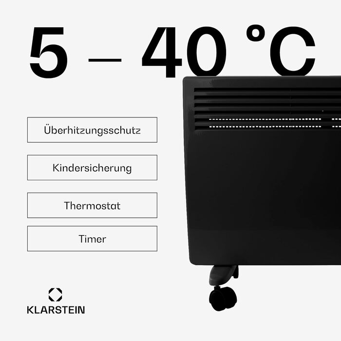 Електричний обігрівач Klarstein, конвекторний обігрівач, окремостоячий або настінний, енергозберігаючий, датчик відкритого вікна, електричний радіатор з термостатом, 2000 Вт, чорний