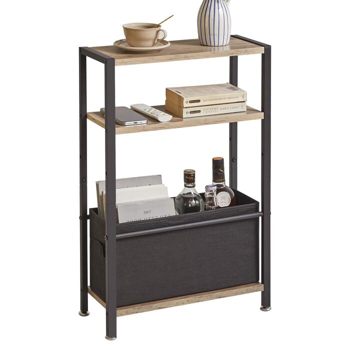 Вузький журнальний столик з поверхнею для зберігання, 3-ярусний вузький журнальний столик з тканинним кошиком, тонкий журнальний столик для вітальні, спальні, кабінету, тумбочки, офісу, світло-сірий дуб YD-TM052Y