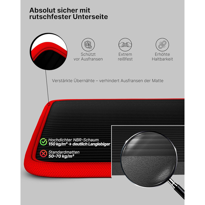 Надзвичайно товстий нековзний килимок для фітнесу з ремінцем для перенесення та електронною книгою килимок для йоги, гімнастики, спортивний килимок та килимок для пілатесу тренувальний килимок для дому, студії та використання на вулиці (чорно-червоний 80 