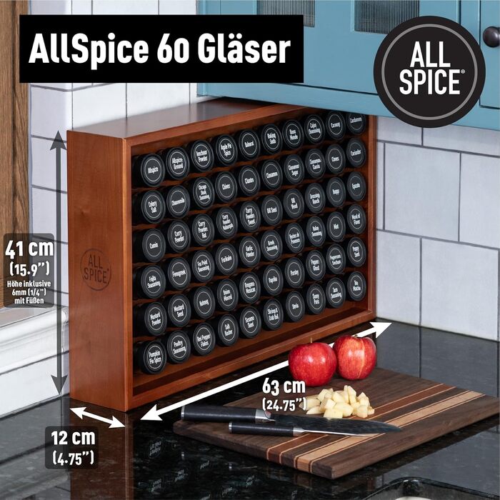 Дерев&39яна підставка для спецій AllSpice, включаючи 60 банок по 118 мл, горіхове дерево.