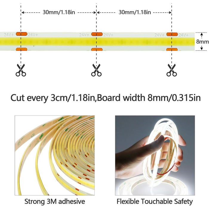 Світлодіодна стрічка GOMING 24 В COB 3000K 5M водонепроникна світлодіодна стрічка IP65 480 світлодіодів / м Без світлових плям CRI 93 Світлодіодна стрічка високої яскравості 4300 лм для прикраси домашньої кухні (тільки стрічка) (холодний білий, 10 метрів)