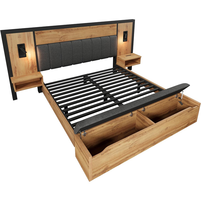 Двоспальне ліжко Kebnor з м&39якою поверхнею, комплект ліжка з лампою для читання та USB-портом, тумбочкою та лавкою для зберігання речей, каркас ліжка з рейковою основою з металу, дерева та льону, дуб (матрац не входить до комплекту) (180200 см) 180200 с