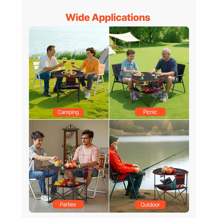 Складаний фуршетний стіл VEVOR, портативний універсальний стіл, 72 x 72 см, водонепроникний стіл з тканини Оксфорд 600D з сумкою для перенесення та 4 підставками для напоїв, садовий стіл, кемпінговий стіл для вечірок та пікніків, чорний
