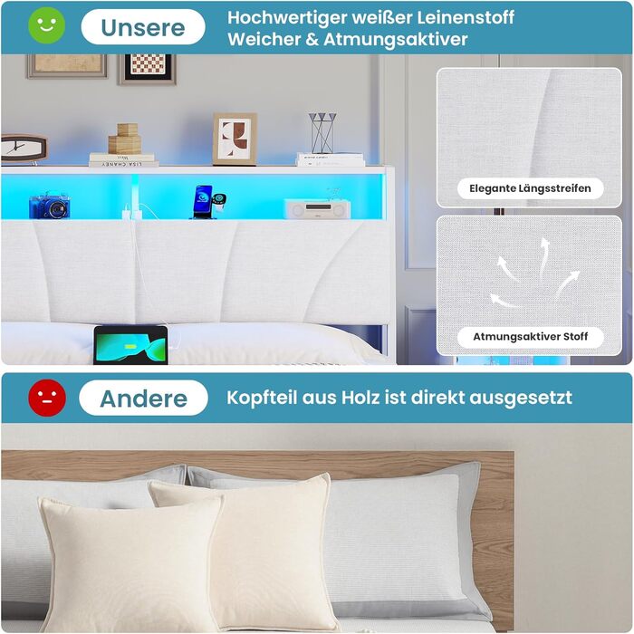 Ліжко 180x200 з металевою рейковою основою, двоспальне ліжко 180x200 см зі світлодіодним підсвічуванням, каркас ліжка 180x200 см з узголів&39ям та зарядною станцією (2 розетки змінного струму, 2 USB-порти) Сучасне, Білий Білий 180x200см