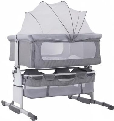 Дитяче ліжечко Supfine Cododo, ліжко 3-в-1 з матрацом та москітною сіткою, регульована висота, мобільна колиска для новонароджених/немовлят, Calidoo з кошиком для зберігання (92 x 58 x 70-87 см, сірий колір), YE360461 сірий 92x58x70-87 см