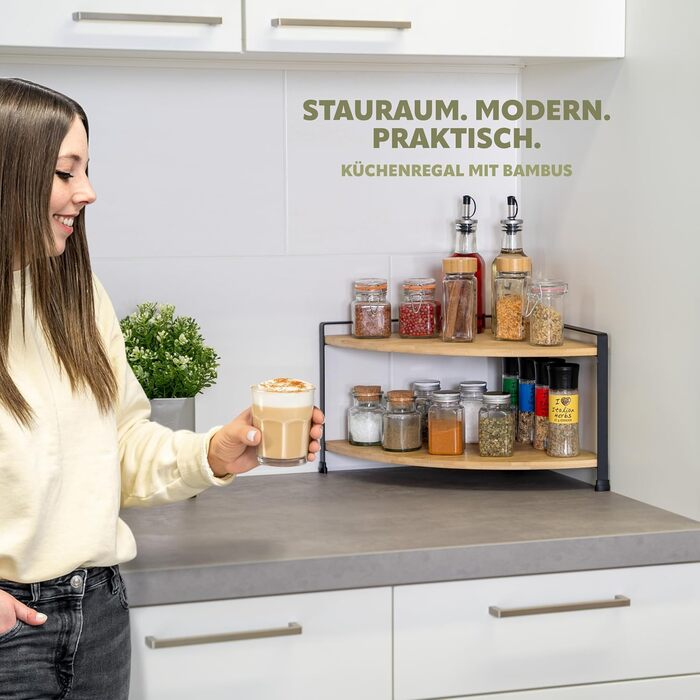 Кутова полиця для спецій eluno з бамбуковими полицями та захистом від подряпин, окремостояча кутова полиця для кухні, універсальний органайзер для більшого простору та порядку - комбінація матеріалів бамбук та метал (чорний)