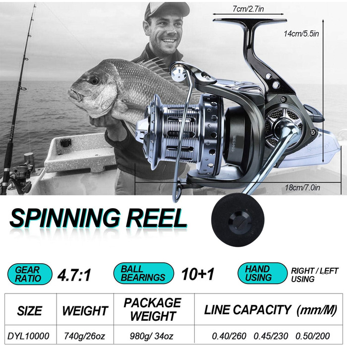 Котушка для риболовлі Sougayilang Surf, спінінгова котушка з нержавіючої сталі 111BB, суперпотужний фрикційний гачок серії 10000, котушка з великою місткістю волосіні для морської або прісноводної риболовлі на сома, коропа Срібна