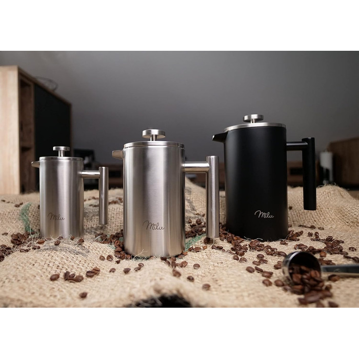 Кавоварка для френч-пресу Milu 350 мл, 600 мл, 1 л Прес для кави з нержавіючої сталі, кавоварка для домашнього туристичного кемпінгу з підставкою, ложкою, змінним фільтром (чорний, 350 мл (2 чашки) Чорний 350 мл (2 чашки)
