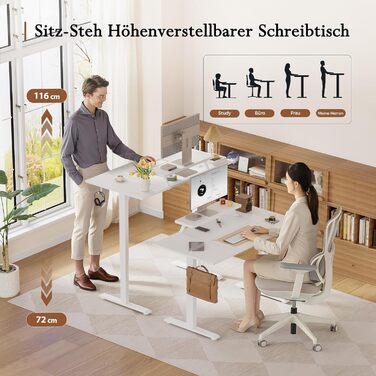 Стіл Klicelor з регульованою висотою та рухомою підставкою для монітора, 140x80 см, стіл для роботи сидячи/стоячи з 2 кнопками пам&39яті, 4-елементна стільниця, комп&39ютерний стіл, білий 140 x 80 см