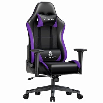 Ігрове крісло Vittanly, ергономічне ігрове крісло з підголівником та поперековою опорою, регульоване по висоті поворотне ігрове/офісне крісло з регульованою спинкою 90-165, вантажопідйомність 150 кг, фіолетове