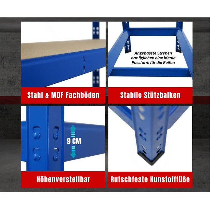 Стійка для шин PROREGAL Tiger ВxШxГ 180x120x40 см До 12 шин на 2 рівнях 2 полиці Синій Полиця для майстерні, полиця для зберігання, полиця для підвалу 12 шин 2 полиці Синій