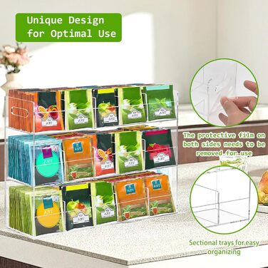 Органайзер для чайних пакетиків Qivine 270, великі коробки для чайних пакетиків, 3-рівнева пластикова шафа-органайзер для чаю для стільниць, кухонних шаф, комор (15 відділень)
