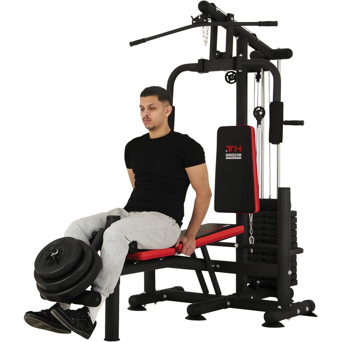 Універсальна силова станція Hansson Sports, багатофункціональна силова лава зі стійкою для штанги, тяга лати, розгинання ніг &quotметелик&quot, згинання ніг, вага 65 кг, складна A Силова лава