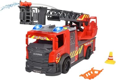 Пожежна драбина Dickie Toys Scania з поворотною драбиною, функція розпилення води, Rosenbauer, світло та звук, вкл. батарейки, з висувною поворотною драбиною та опорними ніжками, 25 см, червона