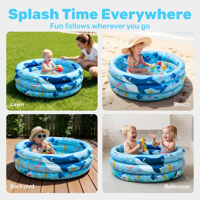 Надувний басейн SLOOSH 86 x 25 см, Дитячий басейн, 3 кільця, Надувна ванна, Надувний дитячий басейн, Басейн (Синій)