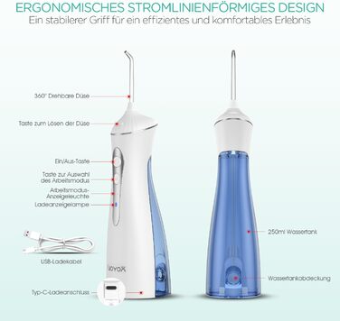 Електричний іригатор порожнини рота VOYOR-HEALTH, потужний очищувач міжзубних проміжків з 3 режимами, знімний резервуар для води 250 мл, бездротовий портативний, водонепроникний IPX7, для використання в душі WF400 (синій)