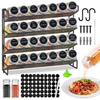 Рівнева підставка для спецій, настінна та настінна, 28 порожніх органайзерів для спецій зі стійкою та 432 етикетками для спецій, підставка для спецій, не потребує свердління для кухні, шафи, комори, 4-