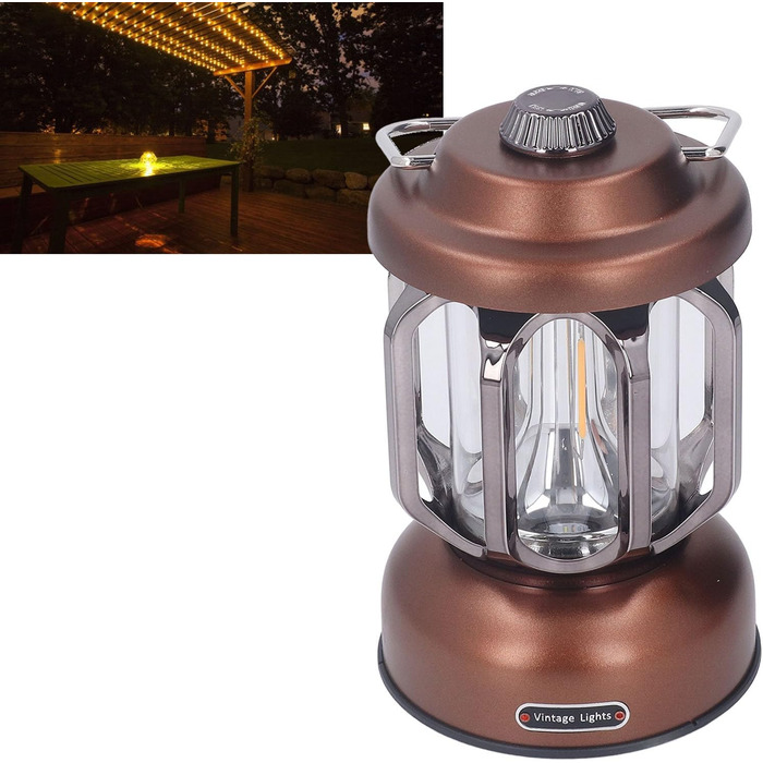 Ретро-світлодіодний кемпінговий ліхтар, тип C, акумуляторний, вінтажний кемпінговий ліхтар, портативні кемпінгові ліхтарі та ліхтарі, 3 режими, з регульованою яскравістю, з гачком, світлодіодний наметовий ліхтар для саду (коричневий)