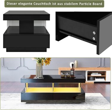 Глянцевий журнальний столик Merax зі світлодіодним підсвічуванням, сучасний стіл для вітальні з висувними ящиками для зберігання, багатофункціональний бічний столик для вітальні, прямокутний центральний стіл, столик-диван, журнальний столик, офісний, чорн