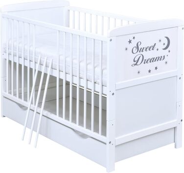 Дитяче ліжечко, що трансформується в дитяче ліжко, біле, 140x70 см, шухляда, матрац з мотивом &quotСолодкі сни&quot (з комфортним матрацом 140x70x9 см)