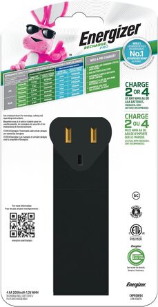 Зарядний пристрій Energizer Recharge Value з 4 акумуляторними батареями типу AA NiMH у комплекті. Зарядний пристрій Pro із зарядним пристроєм на 4 батарейки типу AA та батареями.