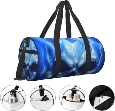 Синя смугаста сумка-дорожня сумка з черепом, кругла, великої місткості, легка та міцна, подарунок для походів, відпустки, ділових поїздок та іншого, синій полумяний череп, універсальний розмір