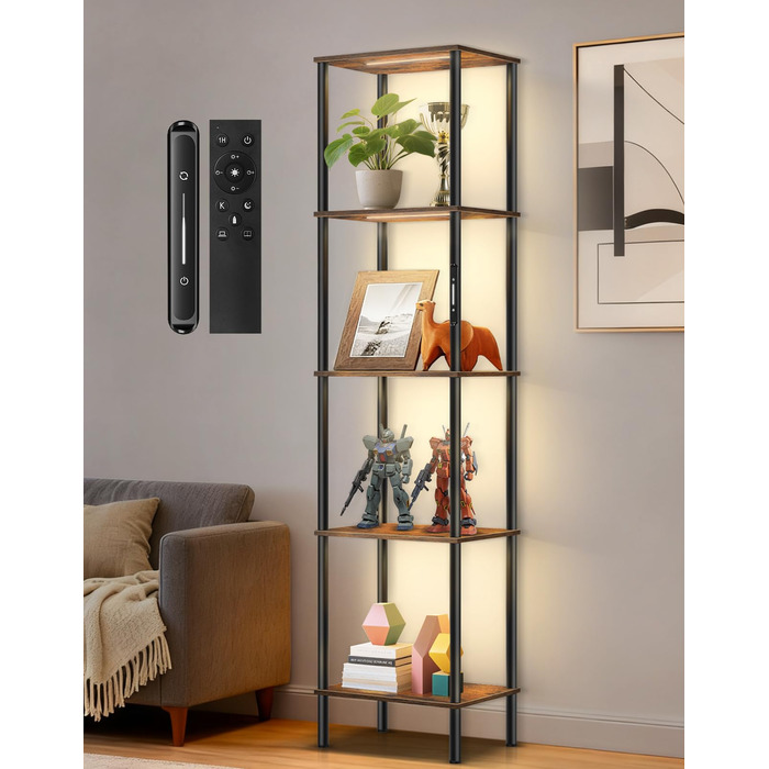 Торшер з полицею, світлодіодний світильник з регульованою яскравістю, 3 колірні температури, сенсорне та дистанційне керування, книжкова полиця з підсвічуванням, дерев&39яна окремостояча полиця, сучасний дизайн для вітальні, спальні, офісу (колір рустик-к