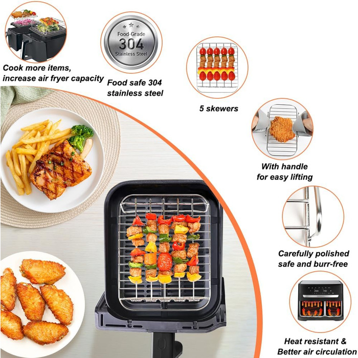 Аксесуари для фритюрниці BYKITCHEN для серії Philips Dual Basket 3000, 9 л/Tefal 5.2/3.1 л Easy Fry, 2 шт. Підставка для фритюрниці з 5 шампурами, аксесуари для фритюрниці для Tefal EY9018/Philips NA350/00
