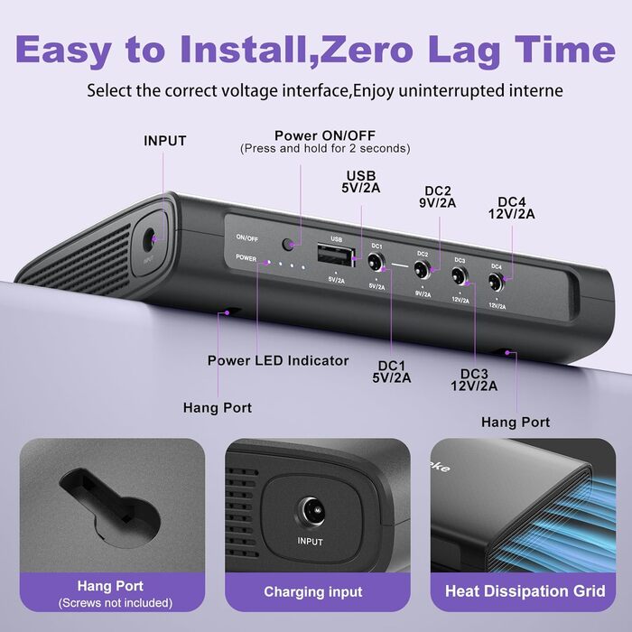 Міні-ДБЖ, Skazeke 15000mAh Міні-ДБЖ з 5 виходами DC 5V/9V/12V/2A, USB 5V/2A, джерело безперебійного живлення Wi-Fi для роутера/модему/IP-камери/молокотника Spectra S2 та інших пристроїв 55,5 Вт