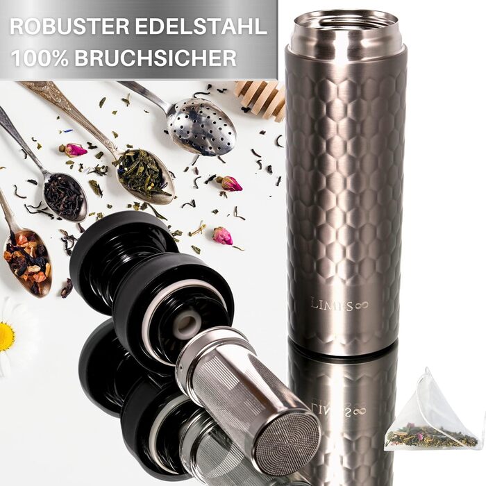 Пляшка для чаю з заварювальним контейнером - 480 мл - ізольована термокружка з нержавіючої сталі - чайник з вставкою для заварювання - отвір для пиття на 360 - 100 герметичний, екологічний (сірий) Сірий 480 мл